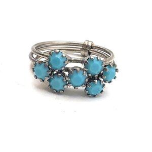 Vintage Turquoise Cluster Ring Multi Band Adjustable Silver Tone Statement Ring